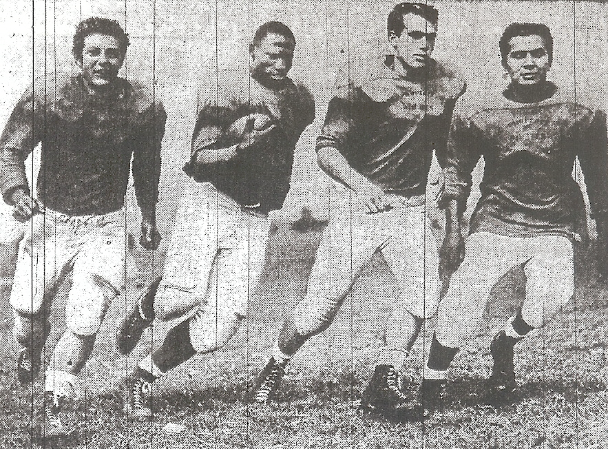 Roberts, with Reeves Smith, Tom Nelson, and Don Prim (from left) was obvious man to carry ball for Pirates.