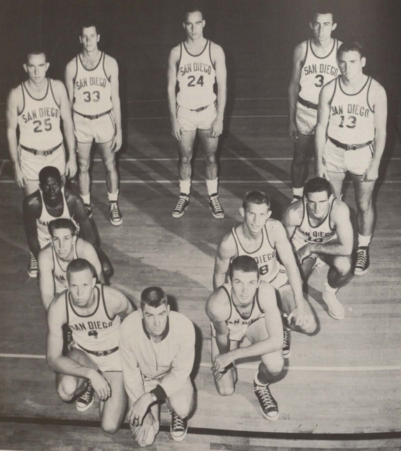 Hegerle is the third second player to coach George (Ziggy) Ziegenfuss. Clockwise from left other 1955-56 players are Rich Gehring, Al ordquist, Tony Pinkins, Ray Woodmaansee, Jim Sams, Bob Adams, Danny Newport, Archie Rambeau and Noel Mickelson (in front of Hegerle).