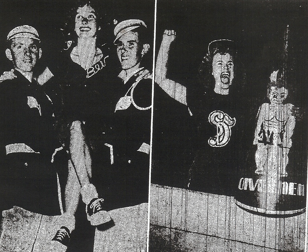Kearny band members give cheerleader Beverly ull a lift (left), while Marilym Harness of San Diego High leads a cheer at ninth annual City schools' football carnival.
