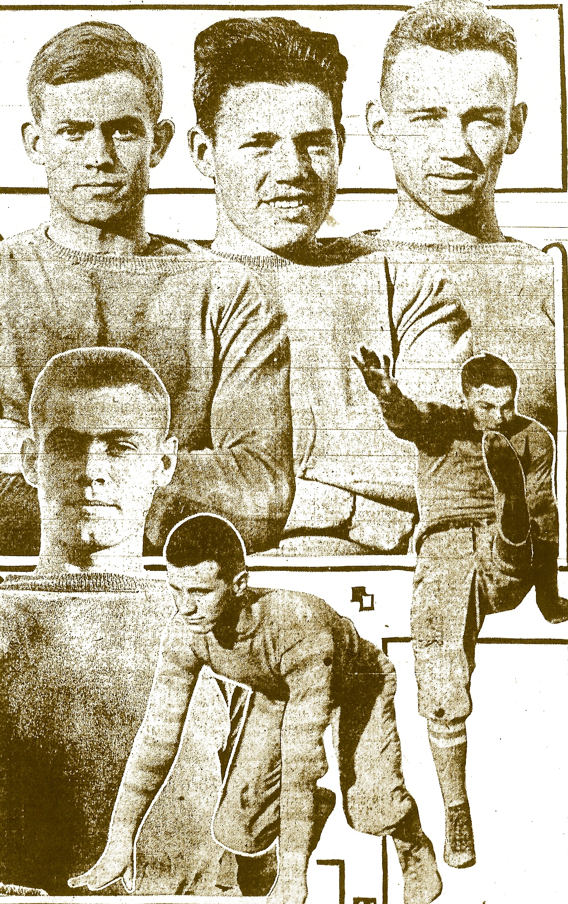 San Diego High and Manual Arts players were on Jack Darroch's All-Southern California 11. Clockwise from lower left: Guard Cortis Majors, left halfback Bryan (Pesky) Sprott, right end Brick Muller, and quarterback Karl Deeds of San Diego. Fullback Jim Blewett and left tackle Brockman of Manual Arts.