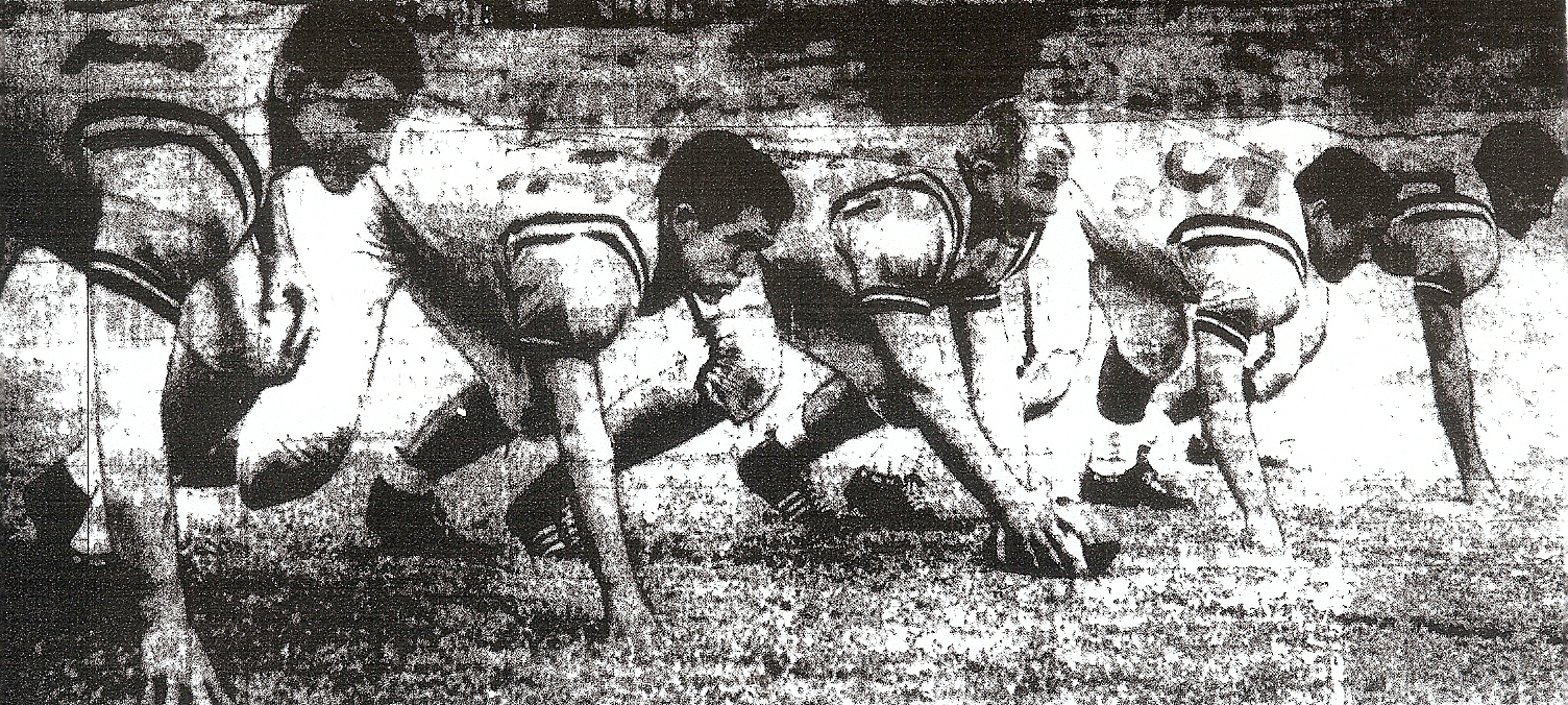 Staggs (left), with Pointers linemen Tom Park, Al Gilchrest, Jim Varley, and Billy Gomez, had almost everyone's number.