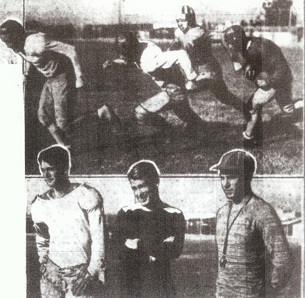 John Perry (lower right) and two coaches were given demonstration by starting backfield of (from left) Jim Fitzpatrick, Roy Engle, Morris Siraton, and Larry Daley.