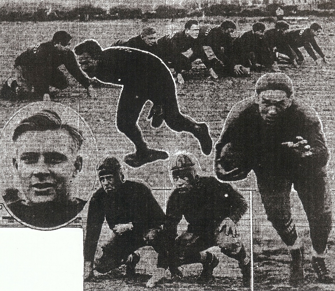 Despite the up-and-down season, San Diego's Bill Schutte (inset) was one of the best players in the Coast League. Halfback Ted Wilson (right) and Bill Casey (center and next to Schutte and third from left in photo of line) each had sons who starred a generation later, Wilson's Ted and Gary at Hoover, and Casey's Bill, at Clairemont.