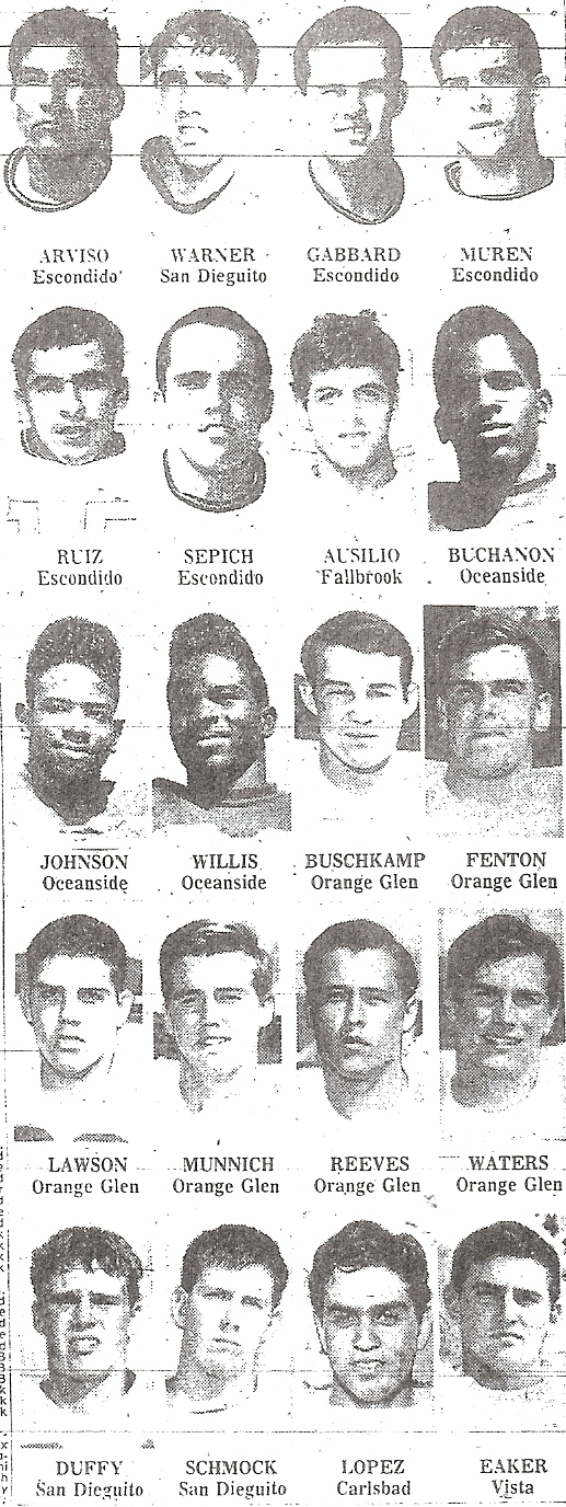 Player-of-year Paul Moyneur (not pictured) was on all-Avocado League team with Willie Buchanon (second row, right) and Pete Shmock (bottom row, second from left), among others.
