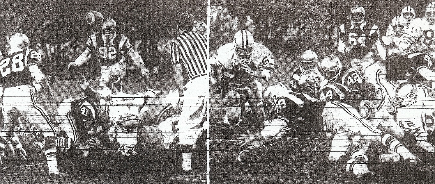 Grossmont's Travis Hitt (42) fumbles (left) in first half and St. Augustine's Curt Young recoversin end zone (right) to thwart Foothillers.